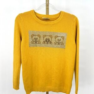 Y2K Rhinestone Teddy Bear Sweater Size Small Mustard Yellow Statement Knit